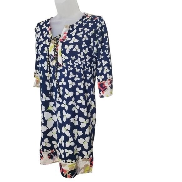 Diane von Furstenberg Women Floral 100% Silk Tunic Shift Dress SZ 2 Navy White - Picture 9 of 10